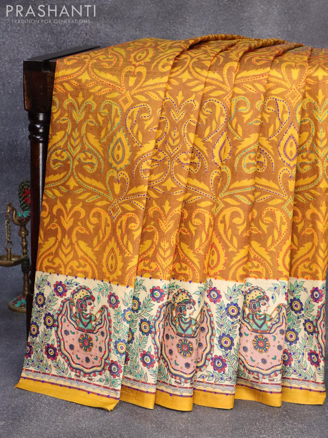 Madhubani printed silk saree mustard yellow and cream with allover kantha stitch work and french knot work pallu - {{ collection.title }} by Prashanti Sarees