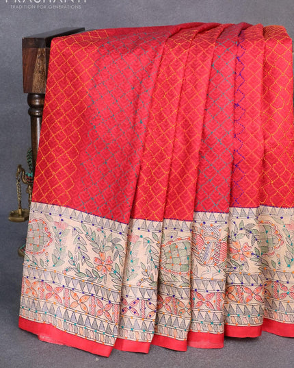 Madhubani printed silk saree red and cream with allover kantha stitch work and french knot work pallu - {{ collection.title }} by Prashanti Sarees