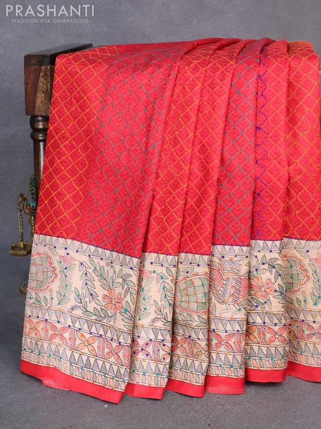 Madhubani printed silk saree red and cream with allover kantha stitch work and french knot work pallu - {{ collection.title }} by Prashanti Sarees