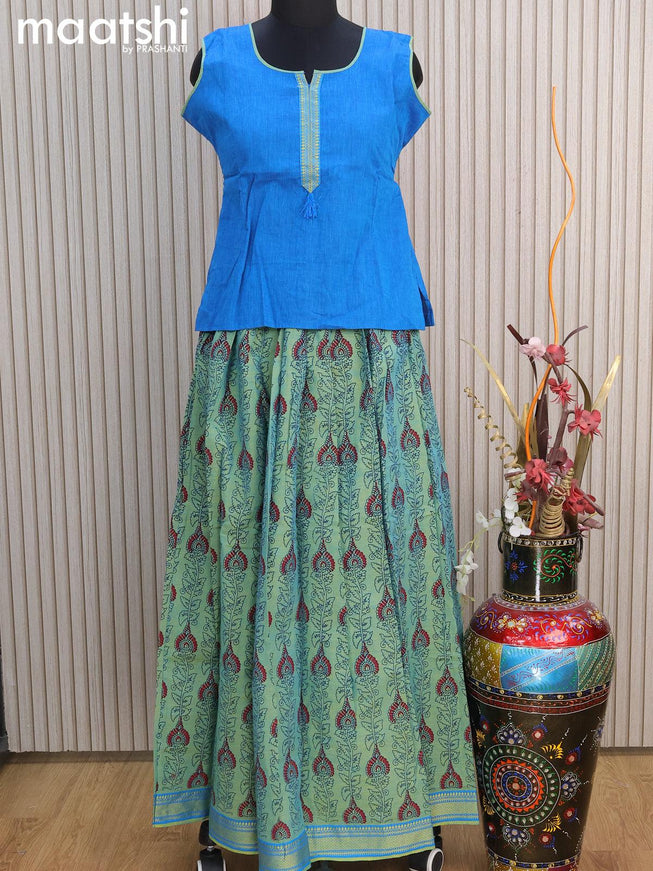 Mangalgiri cotton kids lehenga cs blue and green shade with patch work neck pattern and allover prints & woven border for 13 years - {{ collection.title }} by Prashanti Sarees