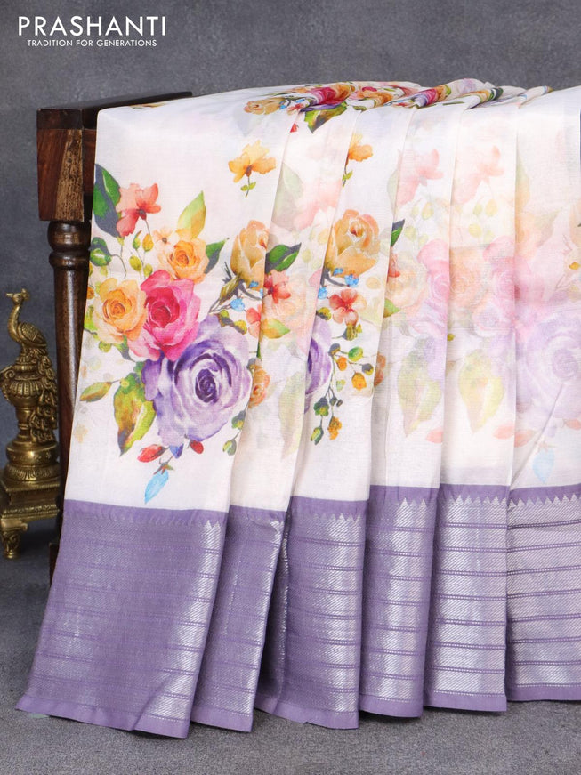 Mangalgiri silk cotton saree off white and violet with allover floral prints and silver zari woven border - {{ collection.title }} by Prashanti Sarees