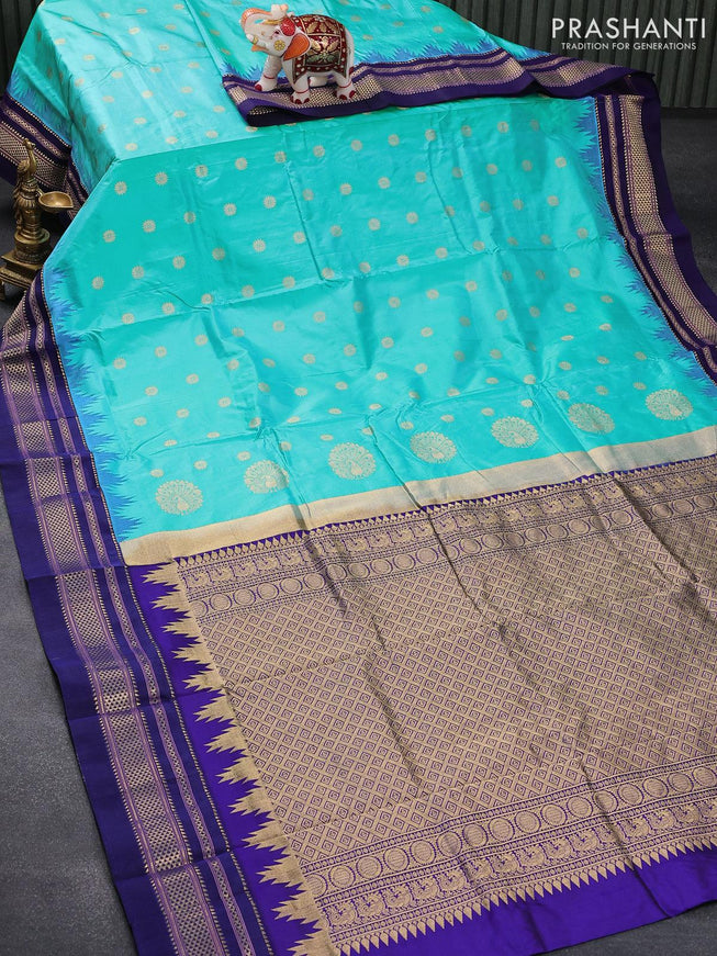 Narayanpet silk saree light blue and blue with zari woven buttas and temple design zari woven border - {{ collection.title }} by Prashanti Sarees