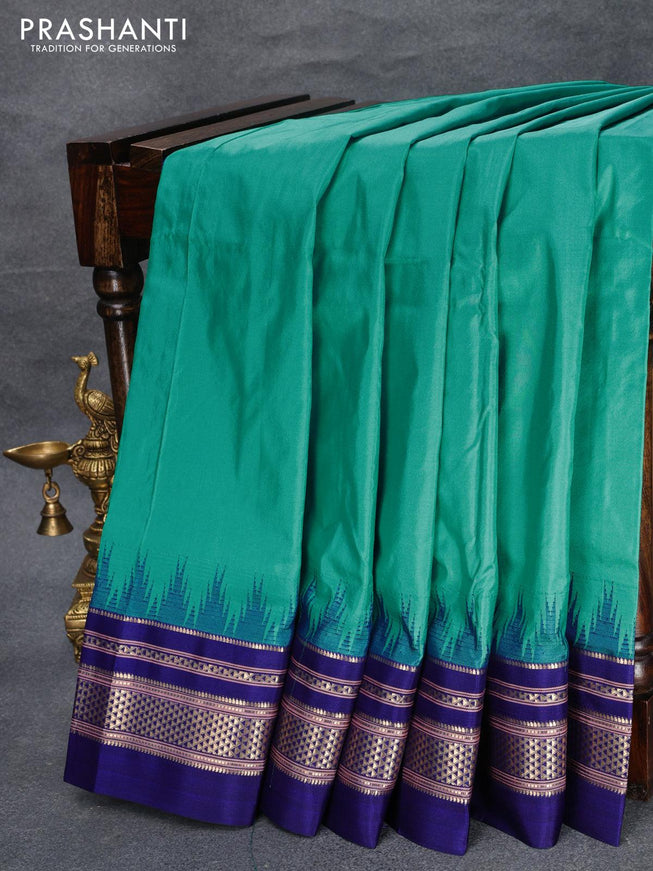 Narayanpet silk saree teal blue and blue with plain body and temple design zari woven border - {{ collection.title }} by Prashanti Sarees