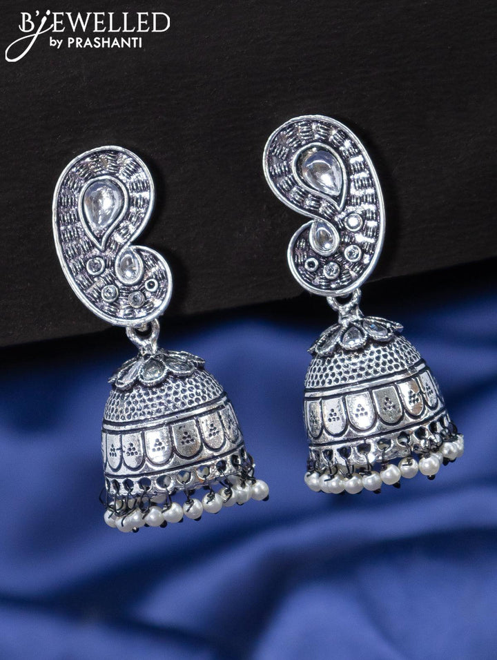 Oxidised jhumka paisley design with cz stones and pearl hangings - {{ collection.title }} by Prashanti Sarees