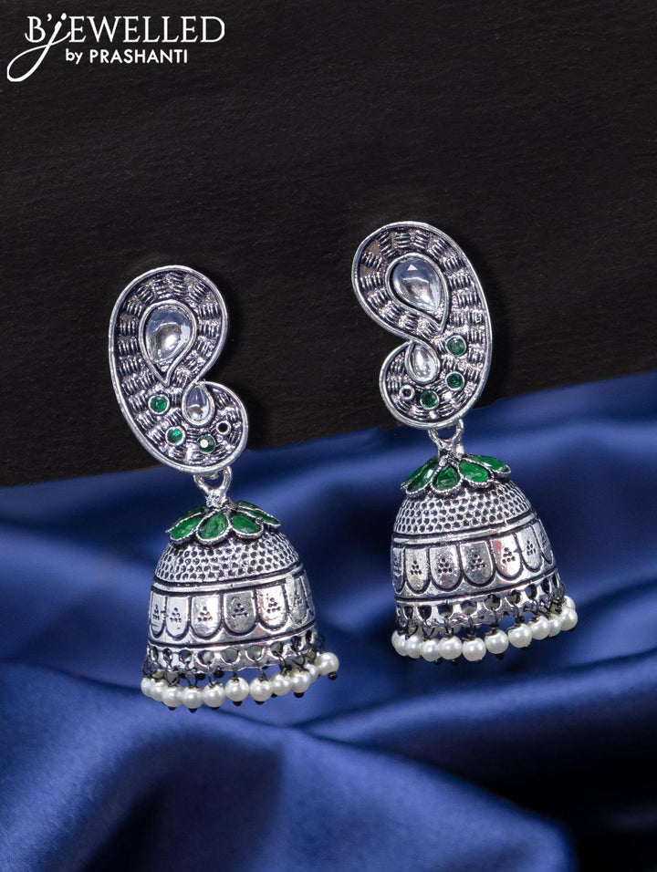 Oxidised jhumka paisley design with emerald stones and pearl hangings - {{ collection.title }} by Prashanti Sarees