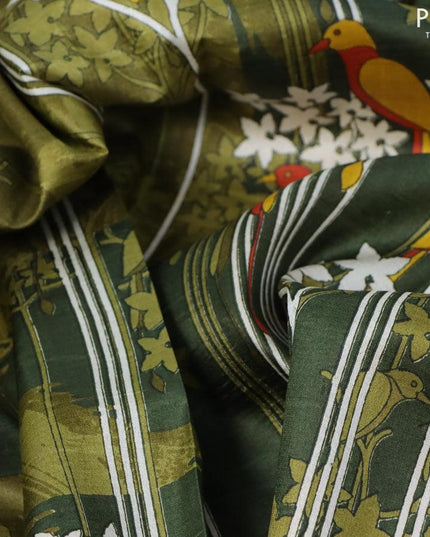 Printed silk saree olive green with allover floral prints and simple border - {{ collection.title }} by Prashanti Sarees