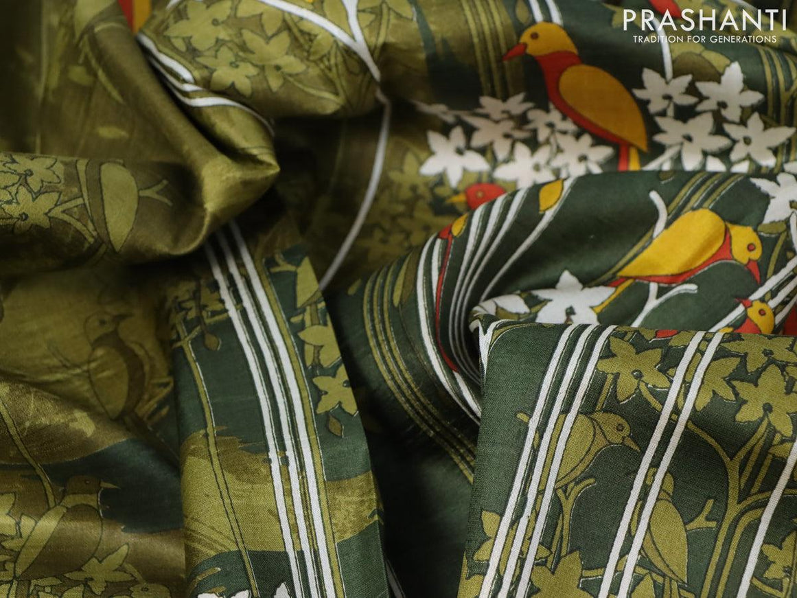 Printed silk saree olive green with allover floral prints and simple border - {{ collection.title }} by Prashanti Sarees
