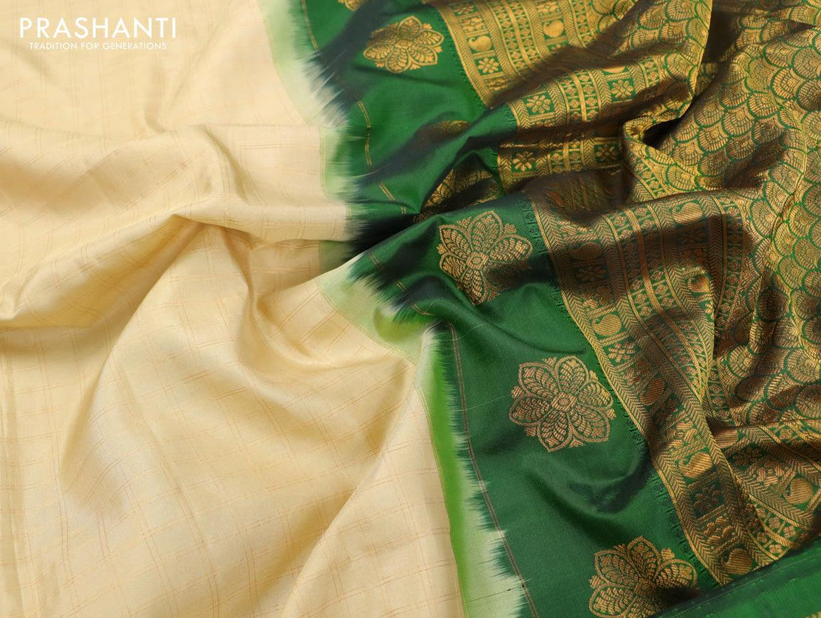Pure gadwal silk saree beige and bottle green with allover zari checked pattern and temple design zari woven border - {{ collection.title }} by Prashanti Sarees
