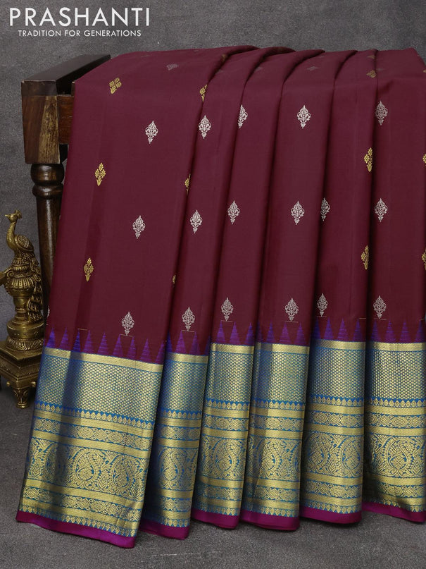Pure gadwal silk saree deep maroon and cs blue with zari woven buttas and temple design zari woven border - {{ collection.title }} by Prashanti Sarees