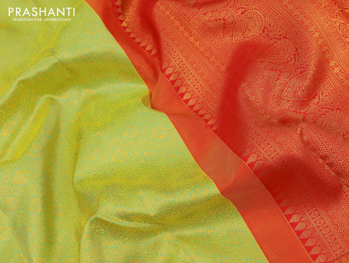 Pure kanjivaram silk saree light green and red with allover zari woven brocade weaves and zari woven border - {{ collection.title }} by Prashanti Sarees