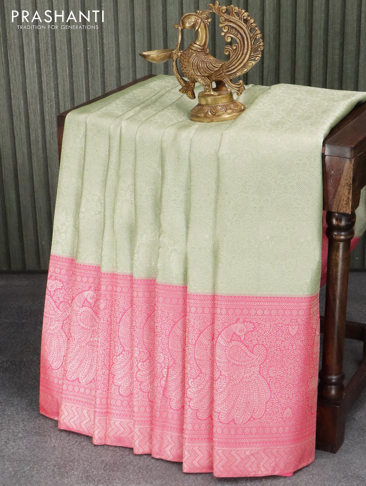 Pure kanjivaram silk saree pista green and light pink with allover sil –  Prashanti Sarees