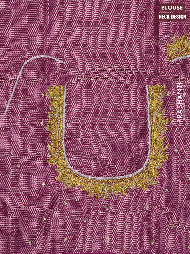 Pure kanjivaram silk saree yellow shade and magenta pink with allover silver zari woven floral brocade weaves and long rich silver zari woven border & embroidery work blouse - {{ collection.title }} by Prashanti Sarees