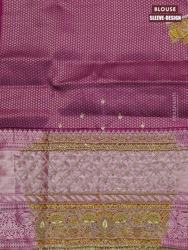 Pure kanjivaram silk saree yellow shade and magenta pink with allover silver zari woven floral brocade weaves and long rich silver zari woven border & embroidery work blouse - {{ collection.title }} by Prashanti Sarees