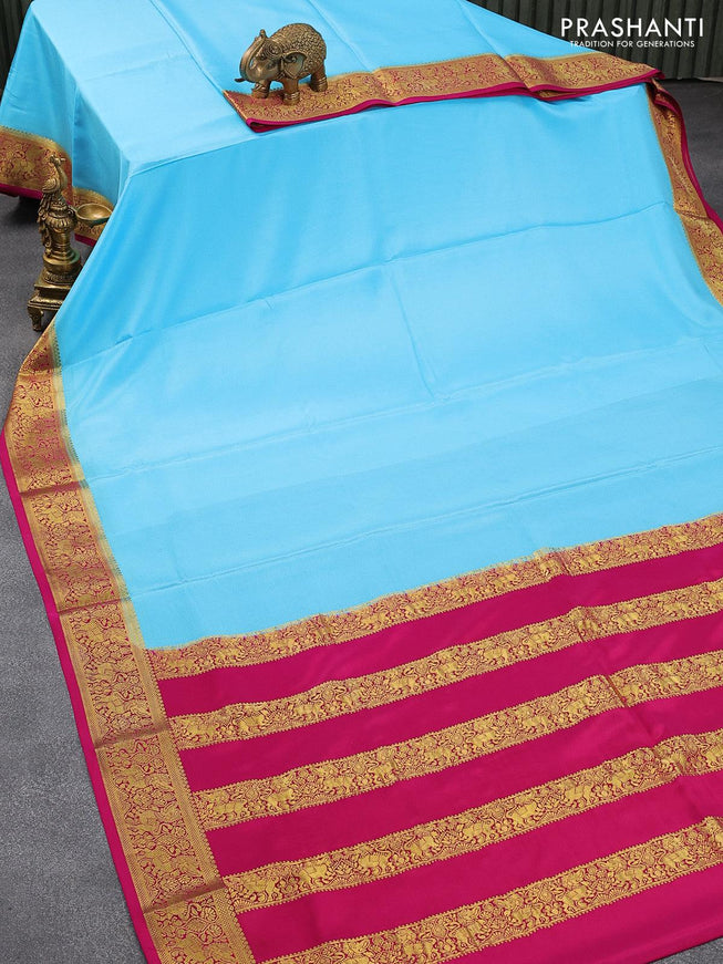 Pure mysore silk saree light blue and pink with plain body and rich zari woven border - {{ collection.title }} by Prashanti Sarees