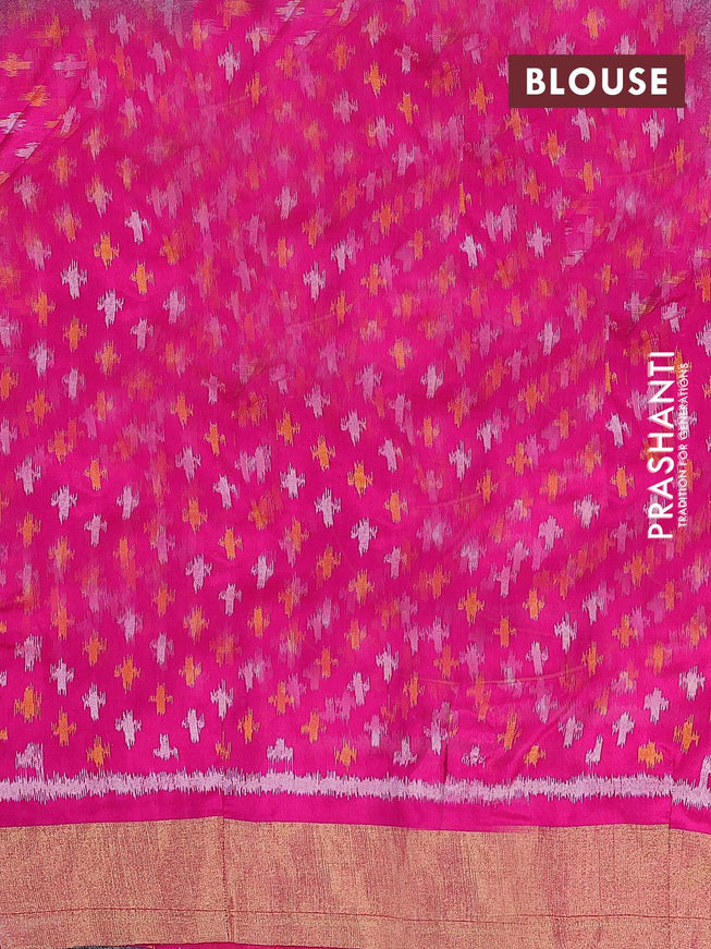 Pure raw silk saree mehendi green and pink with plain body & ikat woven pallu and zari woven border - {{ collection.title }} by Prashanti Sarees