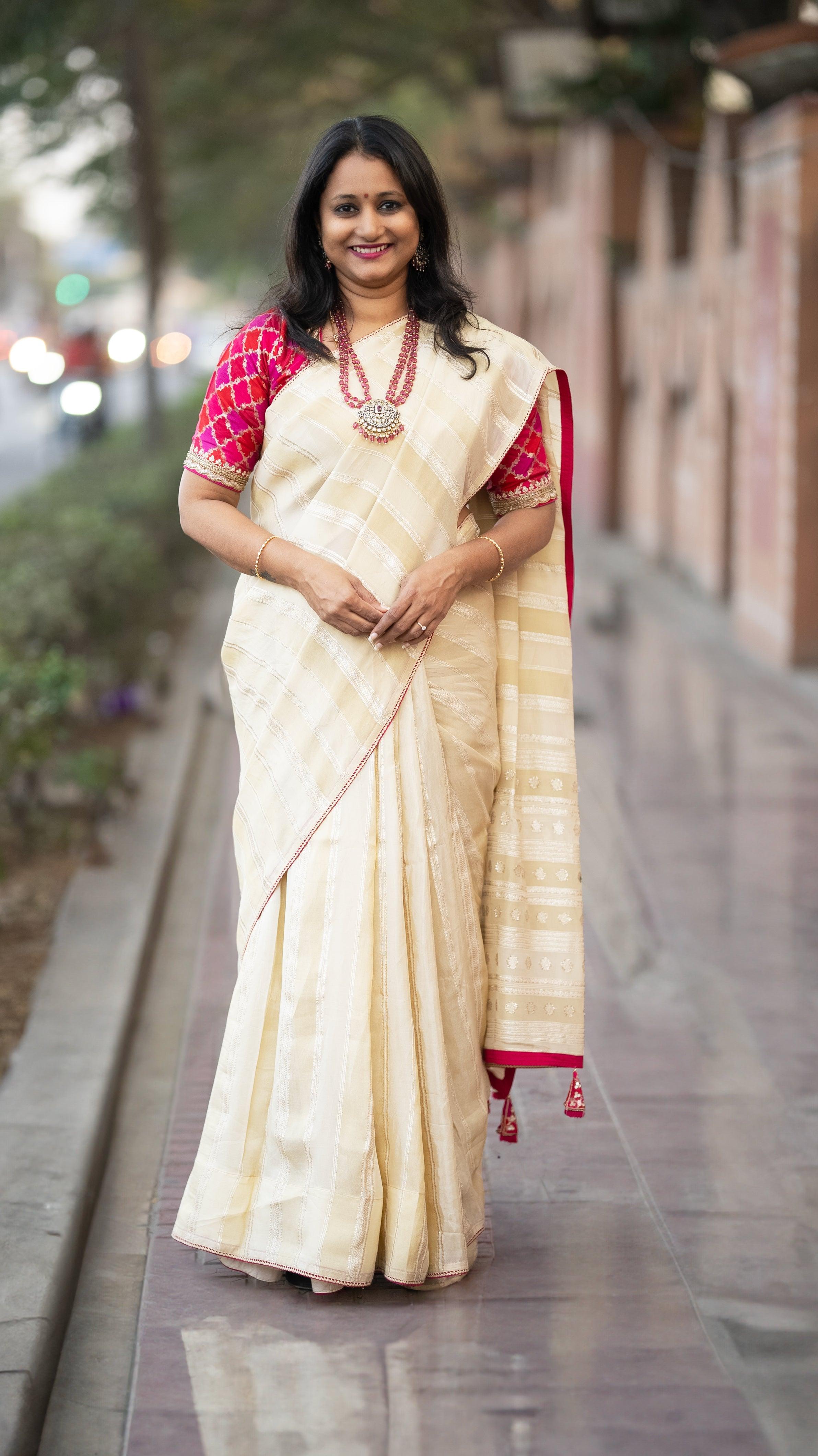 Pure tissue organza silk saree cream and red pink with allover zari we –  Prashanti Sarees