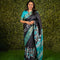 Pure tussar silk saree black and teal blue with allover floral prints and zari woven border - {{ collection.title }} by Prashanti Sarees