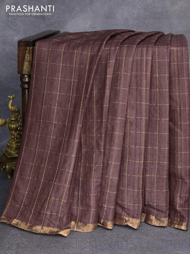 Pure tussar silk saree brown and green with allover zari checked pattern & zari woven border and pen kalamkari embroidery work readymade blouse - {{ collection.title }} by Prashanti Sarees