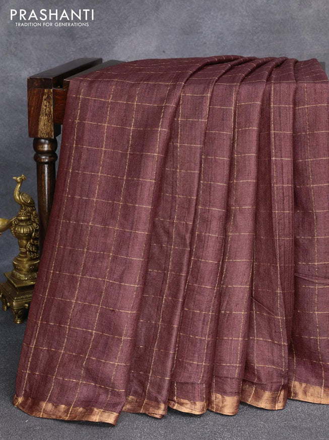 Pure tussar silk saree brown and red shade with allover zari checked pattern & zari woven border and pen kalamkari embroidery work readymade blouse - {{ collection.title }} by Prashanti Sarees