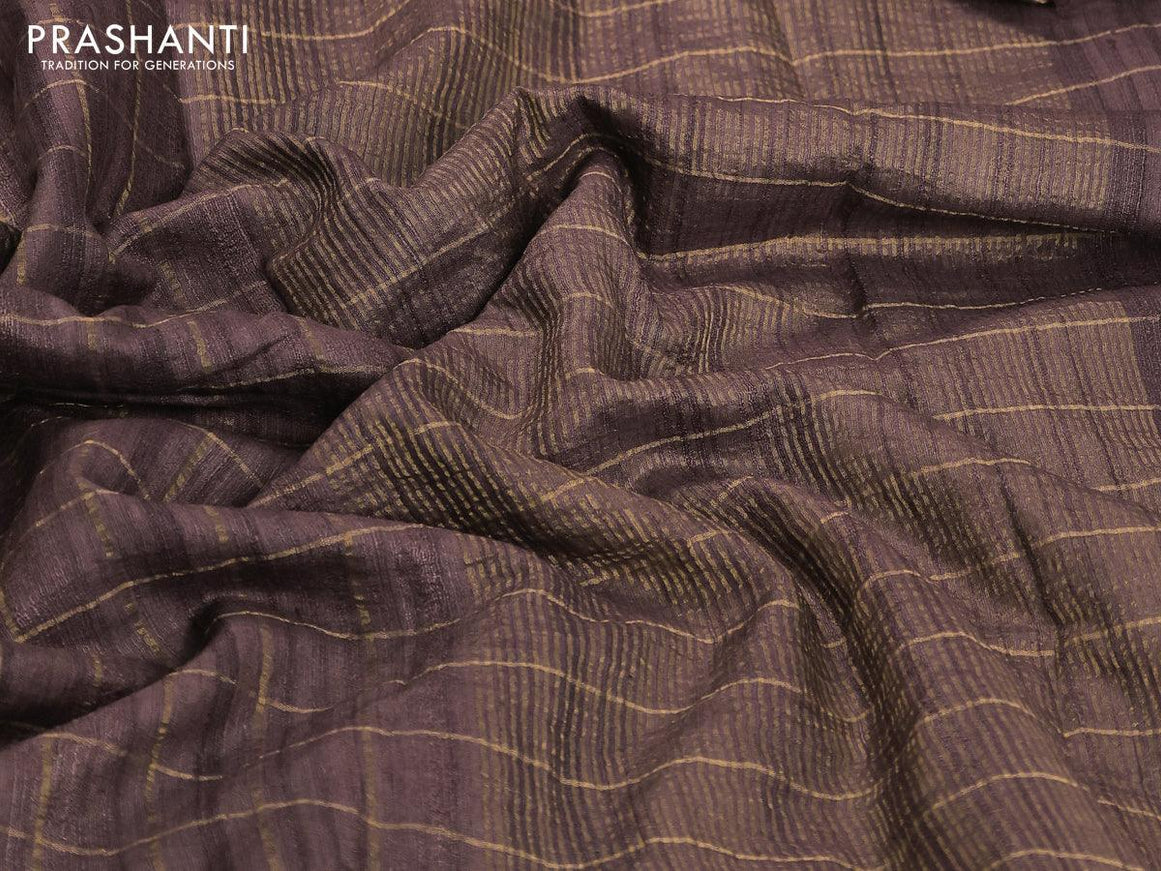 Pure tussar silk saree brown with allover zari checked pattern & zari woven border and pen kalamkari embroidery work readymade blouse - {{ collection.title }} by Prashanti Sarees