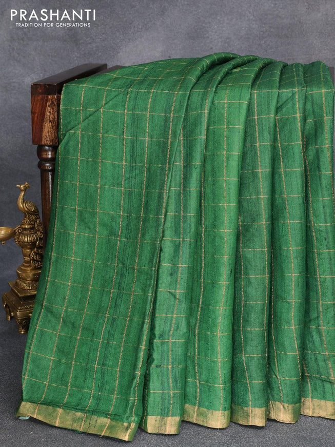 Pure tussar silk saree green with allover zari checked pattern & zari woven border and pen kalamkari embroidery work readymade blouse - {{ collection.title }} by Prashanti Sarees