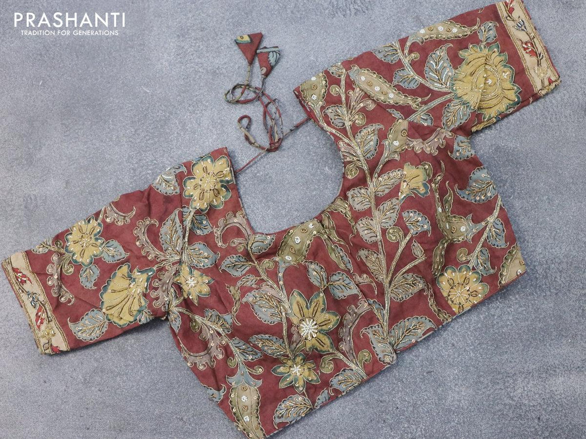 Pure tussar silk saree grey and brown with allover zari checked pattern & zari woven border and pen kalamkari embroidery work readymade blouse - {{ collection.title }} by Prashanti Sarees