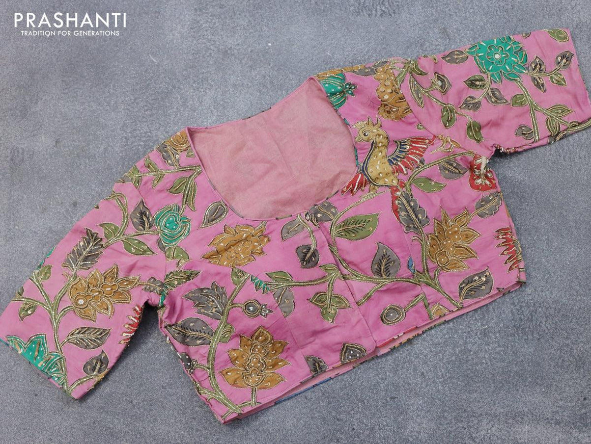 Pure tussar silk saree grey and pastel pink with allover zari checked pattern & zari woven border and pen kalamkari embroidery work readymade blouse - {{ collection.title }} by Prashanti Sarees