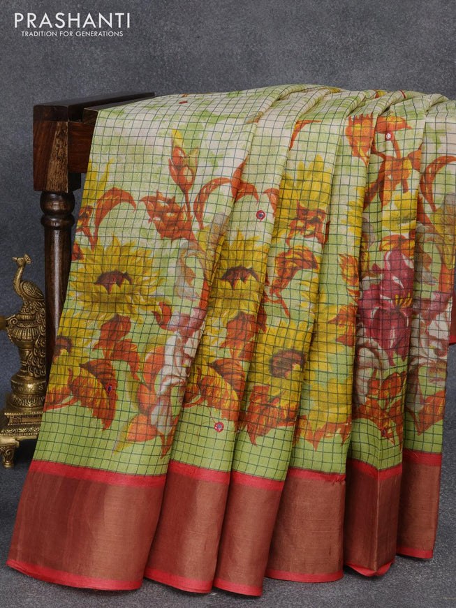 Pure tussar silk saree light green and red with allover checked pattern floral prints and cut work pallu - {{ collection.title }} by Prashanti Sarees