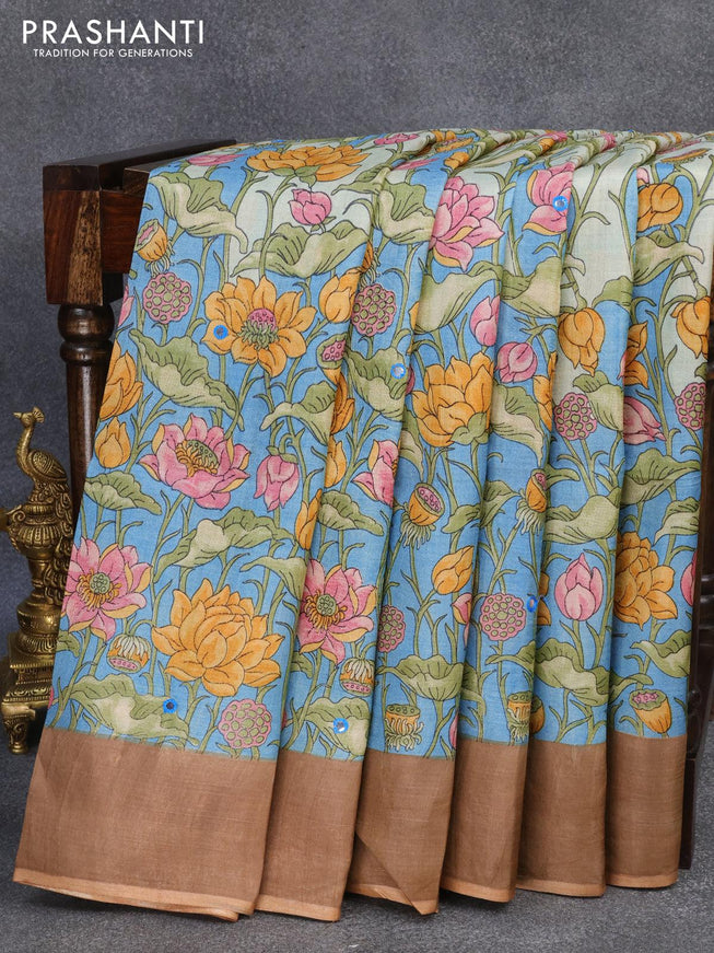 Pure tussar silk saree pastel blue and pastel brown with allover floral prints and cut work pallu - {{ collection.title }} by Prashanti Sarees