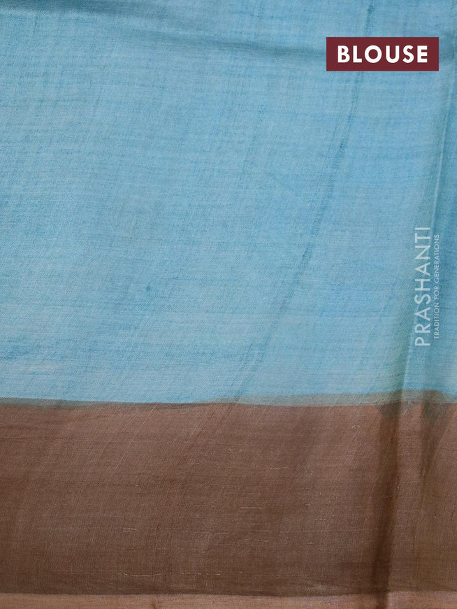 Pure tussar silk saree pastel blue and pastel brown with allover floral prints and cut work pallu - {{ collection.title }} by Prashanti Sarees