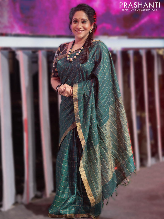 Pure tussar silk saree peacock green with allover zari checked pattern and zari woven border & penkalamkari readymade blouse - {{ collection.title }} by Prashanti Sarees