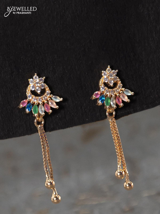Rose gold earrings floral desing multicolour and cz stones with hangings - {{ collection.title }} by Prashanti Sarees