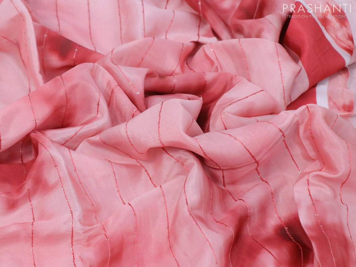 Satin crepe saree peach pink and red shade with tie & dye prints and sequence work - ZVH8040 - {{ collection.title }} by Prashanti Sarees