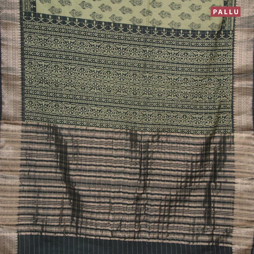 Semi chanderi saree pastel green and black with allover paisley prints & zari checked pattern and zari woven border - {{ collection.title }} by Prashanti Sarees