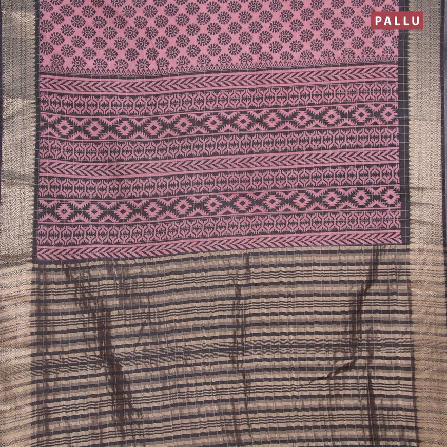 Semi chanderi saree peach pink and black with allover prints & zari checked pattern and zari woven border - {{ collection.title }} by Prashanti Sarees