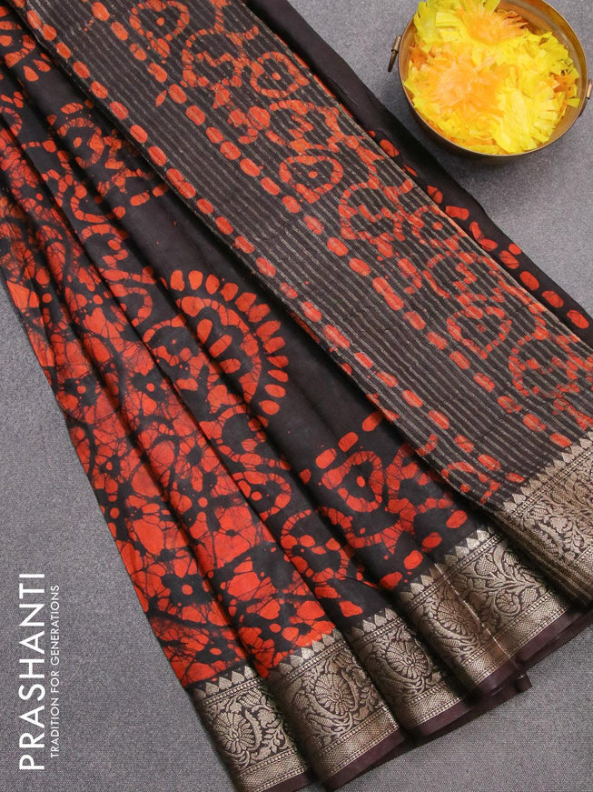 Semi dola saree black and orange with allover batik prints and kanjivaram style border - {{ collection.title }} by Prashanti Sarees