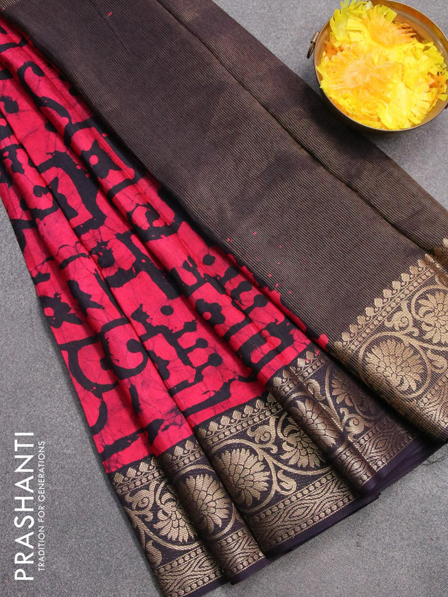 Semi dola saree dark navy blue and pink with allover batik prints and kanjivaram style border - {{ collection.title }} by Prashanti Sarees