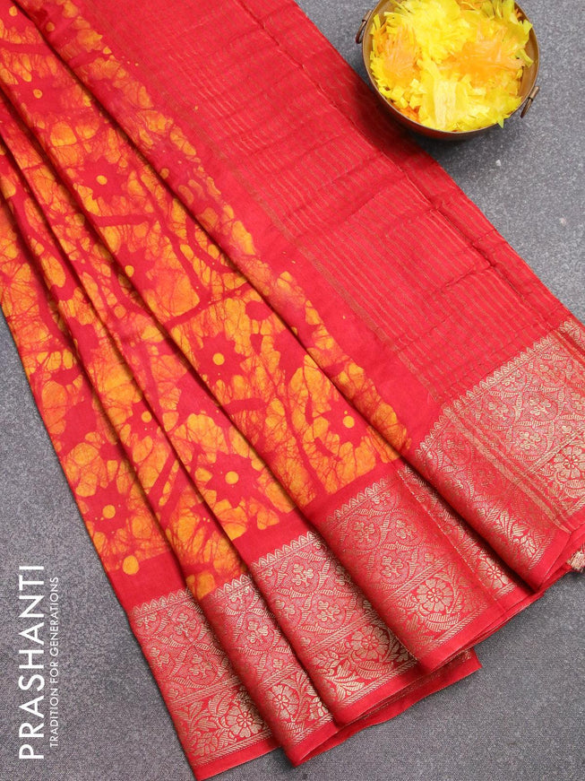 Semi dola saree red and mustard yellow with allover batik prints and kanjivaram style border - {{ collection.title }} by Prashanti Sarees