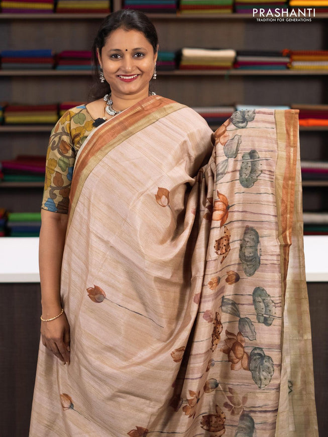 Semi matka saree beige and brown with allover pichwai prints & french knot work and simple zari border and - {{ collection.title }} by Prashanti Sarees