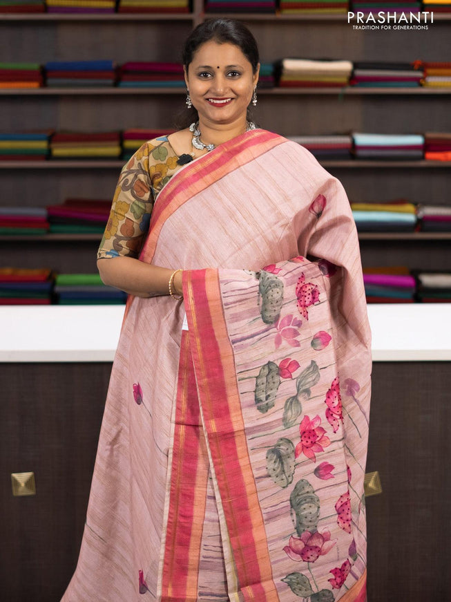 Semi matka saree pastel pink shade with allover pichwai prints & french knot work and simple zari border and - {{ collection.title }} by Prashanti Sarees
