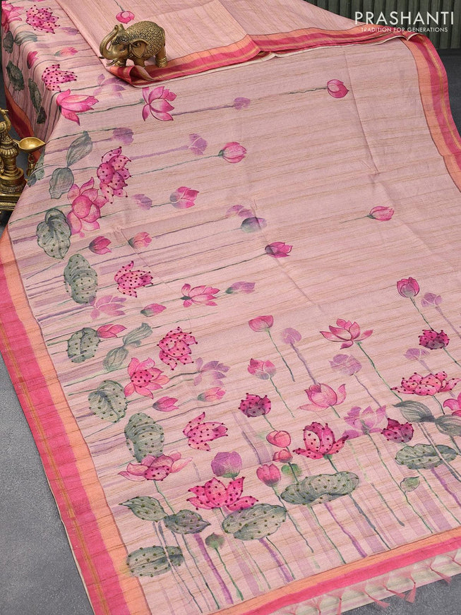 Semi matka saree pastel pink shade with allover pichwai prints & french knot work and simple zari border and - {{ collection.title }} by Prashanti Sarees