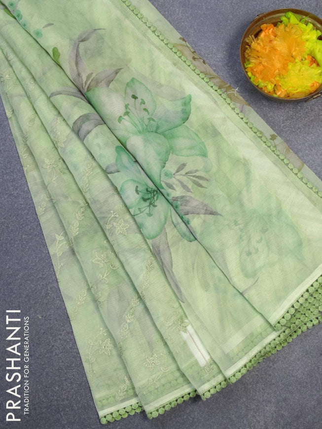 Semi orangza saree pista green and with allover embroidery work & floral prints and crocia lace border - {{ collection.title }} by Prashanti Sarees