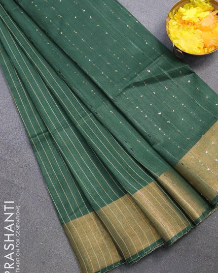 Semi raw silk saree dark green with allover stripes pattern and sequin work pallu & embroidery work readymade blouse - {{ collection.title }} by Prashanti Sarees