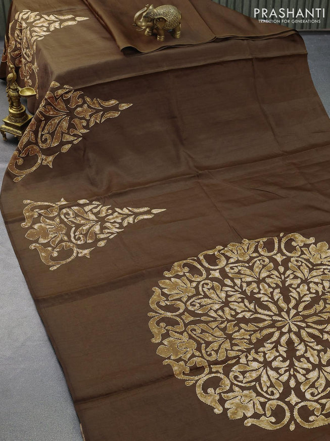 Semi tussar saree brown with kantha & french knot work in borderless style - {{ collection.title }} by Prashanti Sarees