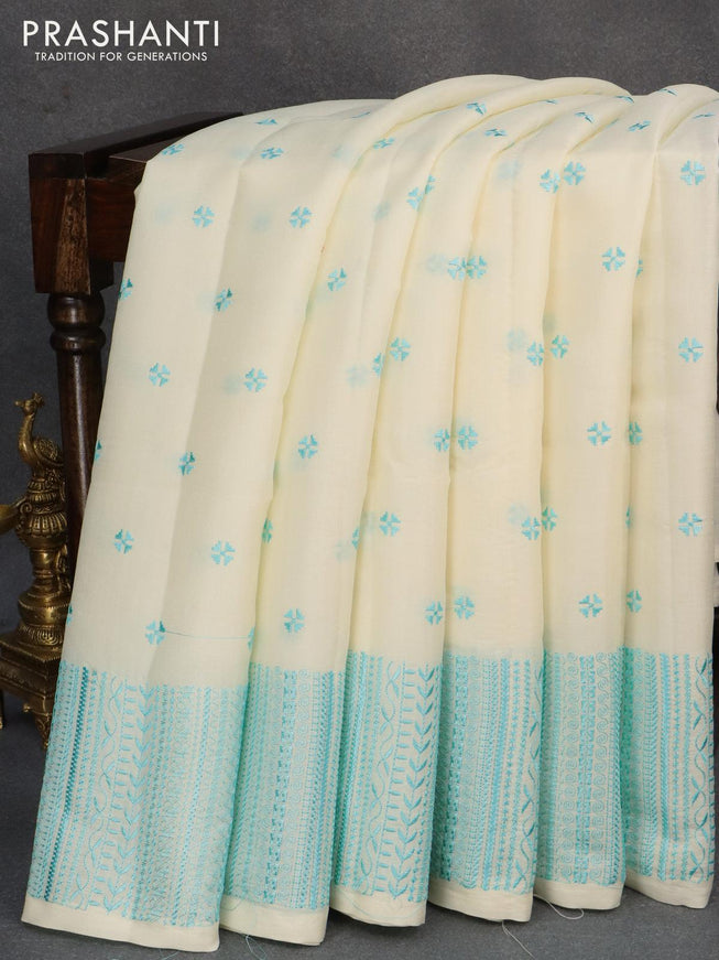 Semi tussar saree off white allover embroidery work buttas and embroidery border - {{ collection.title }} by Prashanti Sarees