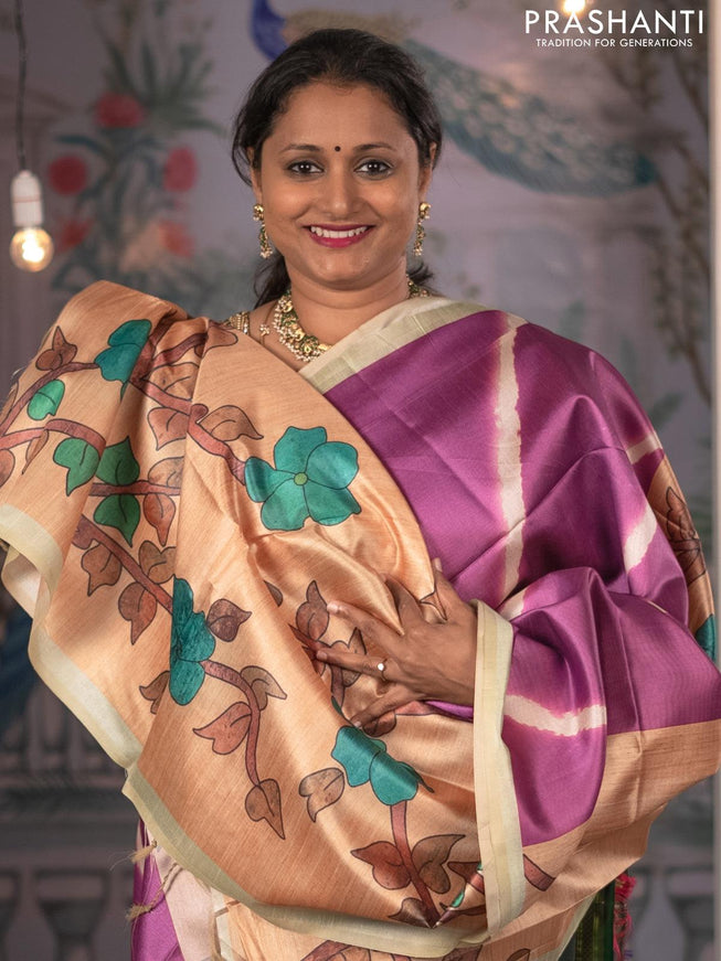 Semi tussar saree purple and sandal with allover leheriya prints and kalamkari printed pallu - {{ collection.title }} by Prashanti Sarees