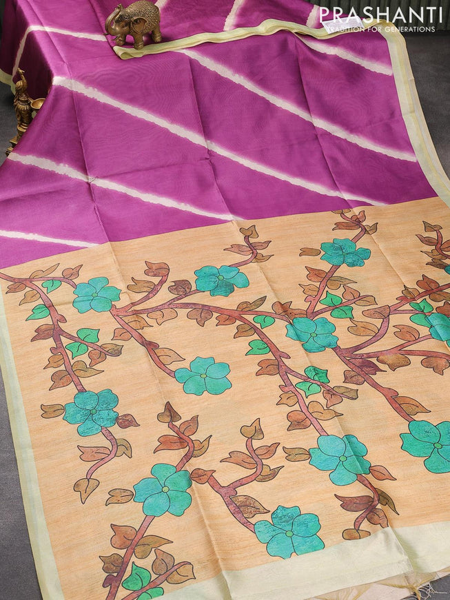 Semi tussar saree purple and sandal with allover leheriya prints and kalamkari printed pallu - {{ collection.title }} by Prashanti Sarees