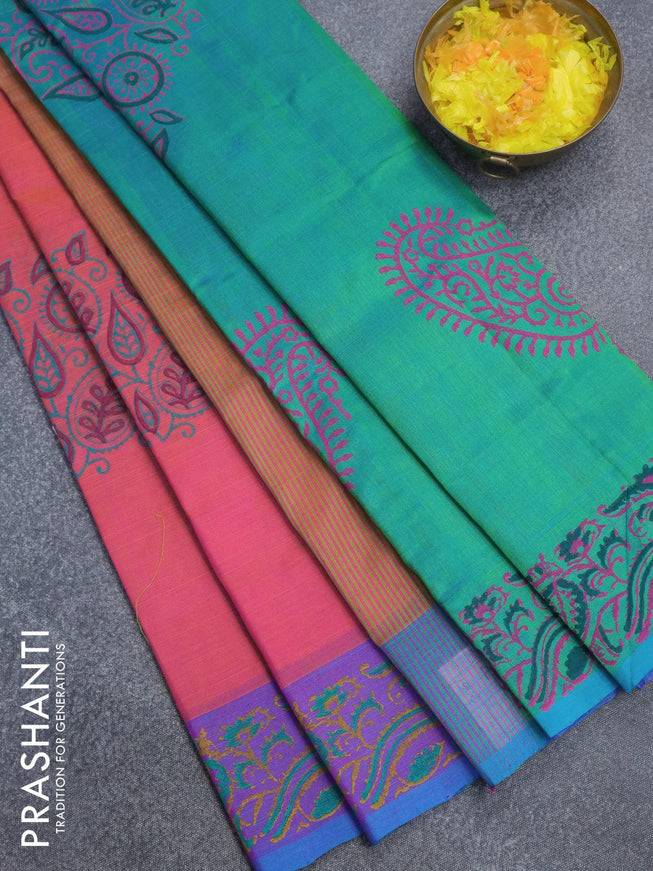 Silk cotton block printed saree dual shade of pinkish orange and dual shade of teal bluish green with allover prints and printed border - {{ collection.title }} by Prashanti Sarees