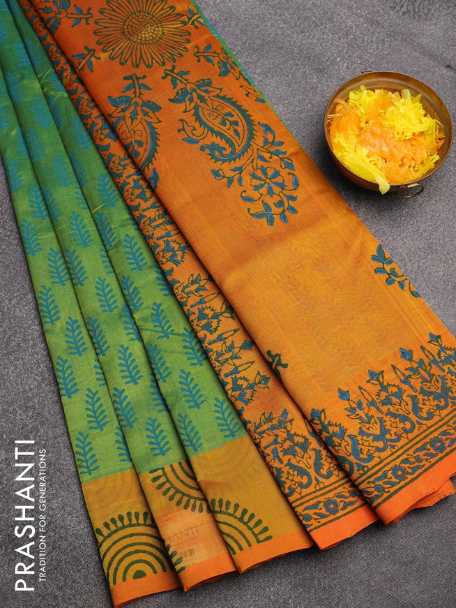 Silk cotton block printed saree green shade and orange with allover butta prints and printed border - {{ collection.title }} by Prashanti Sarees
