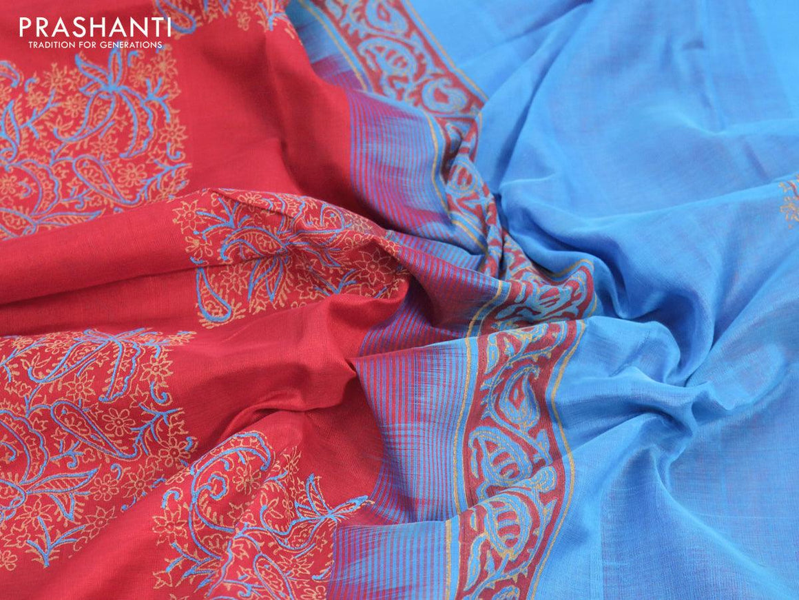 Silk cotton block printed saree maroon and cs blue with allover prints and printed border - {{ collection.title }} by Prashanti Sarees